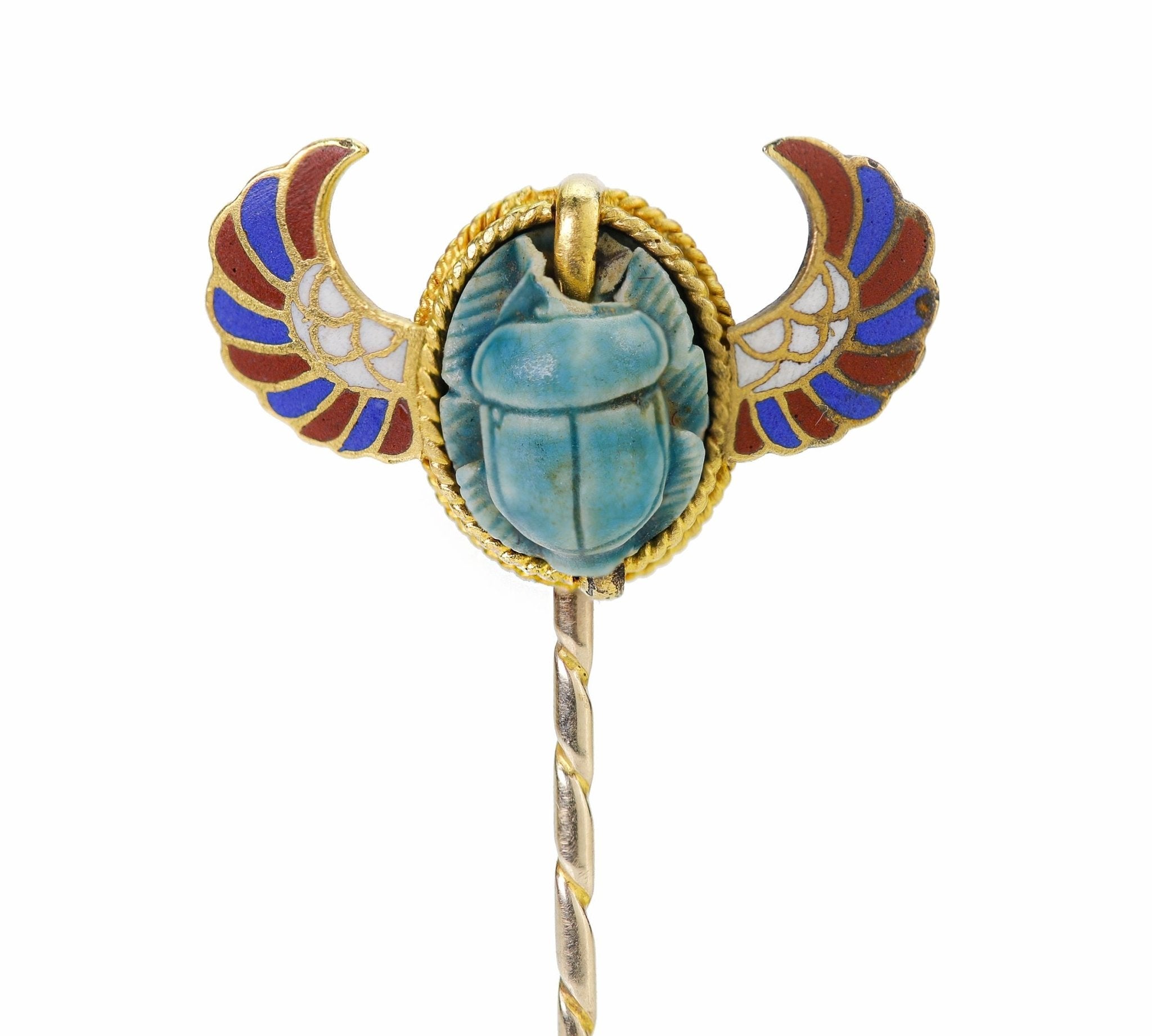 Egyptian Revival Gold Enamel Winged Scarab Stick Pin