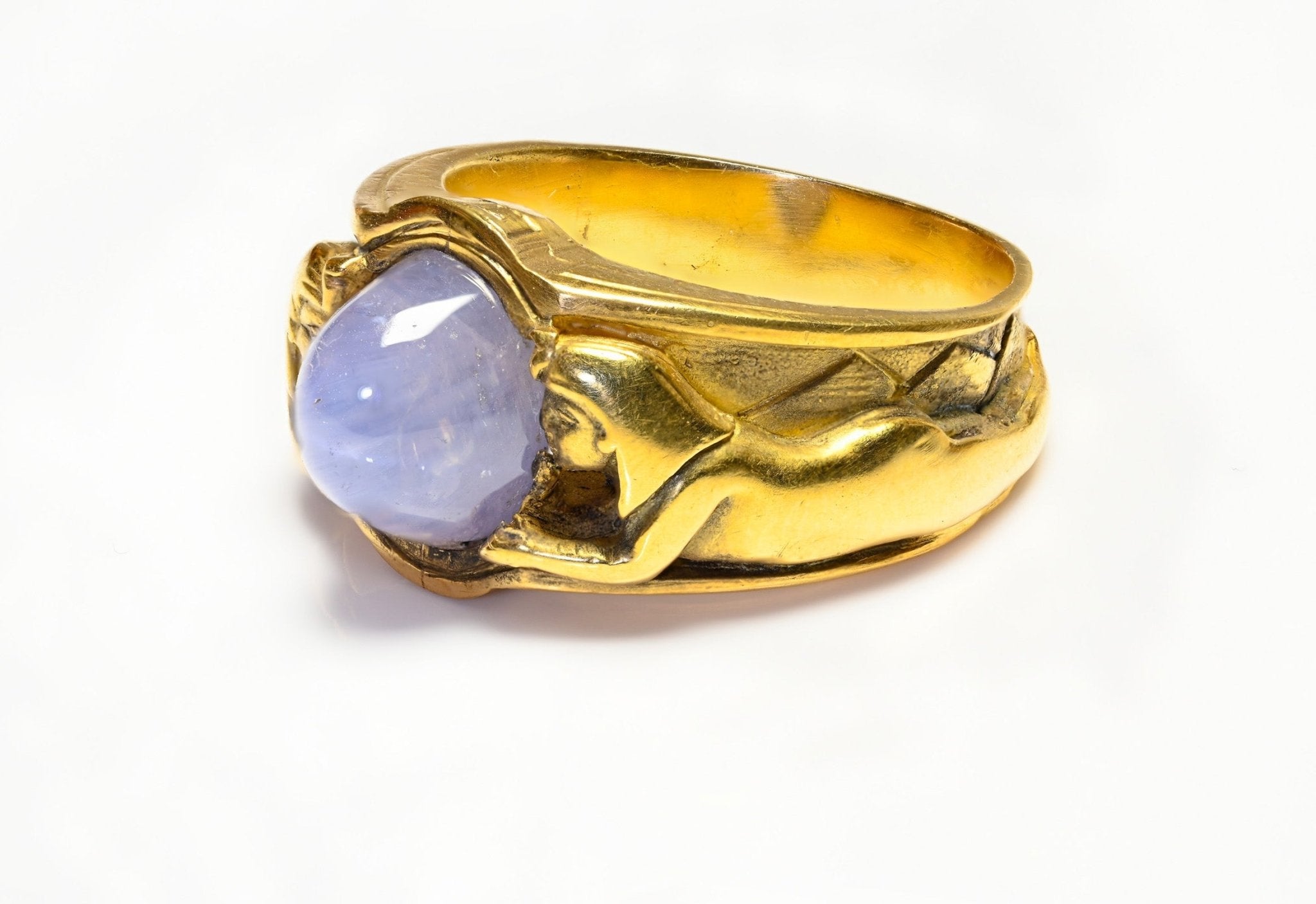 Egyptian Revival Gold Star Sapphire Men's Ring - DSF Antique Jewelry