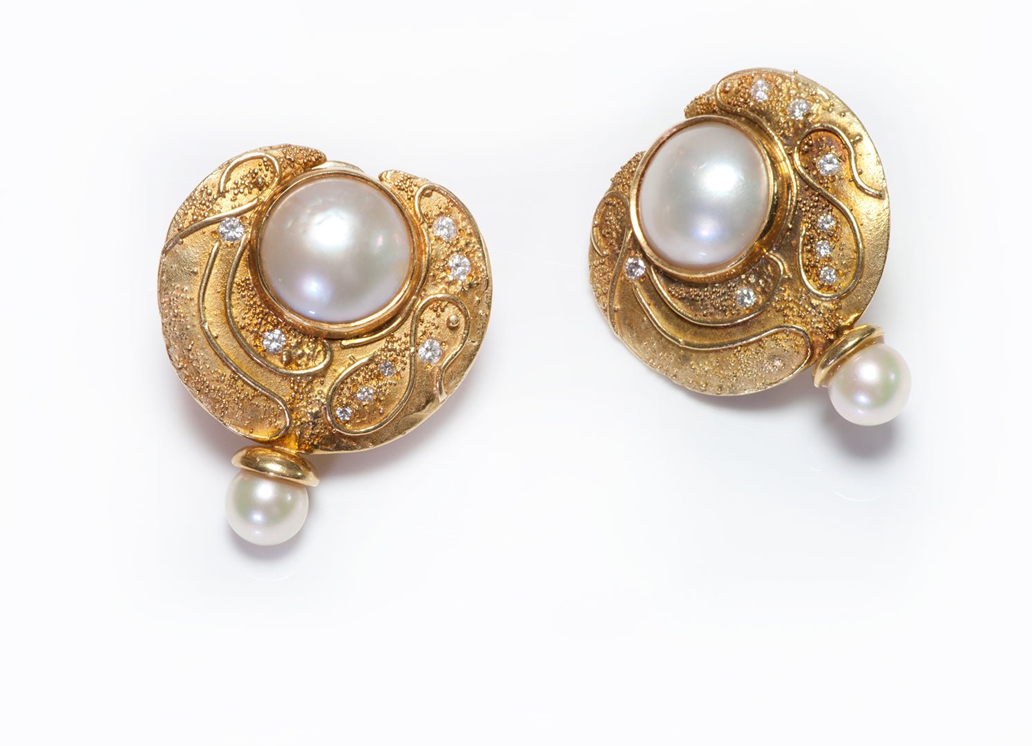 Elizabeth Gage 18K Yellow Gold Diamond Pearl Earrings