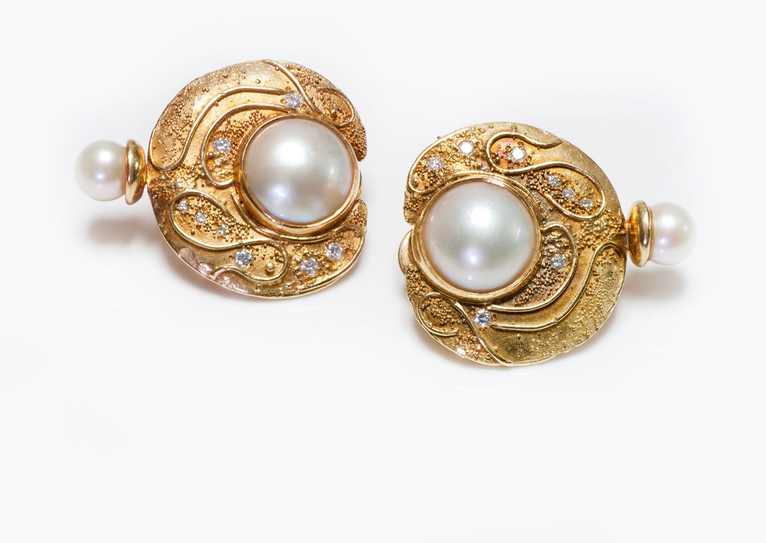 Elizabeth Gage 18K Yellow Gold Diamond Pearl Earrings - DSF Antique Jewelry