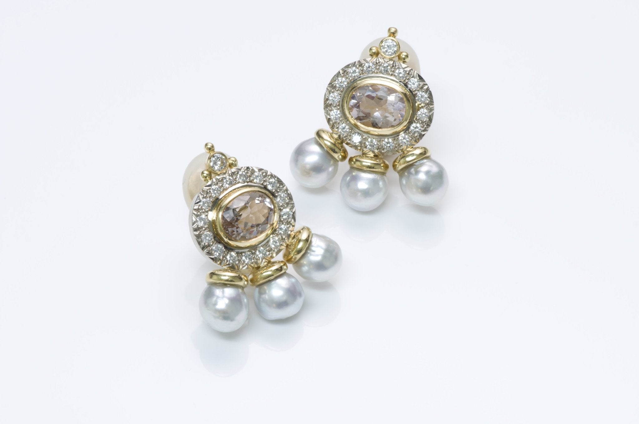 Elizabeth Gage Diamond Pearl Kunzite Gold Earrings - DSF Antique Jewelry