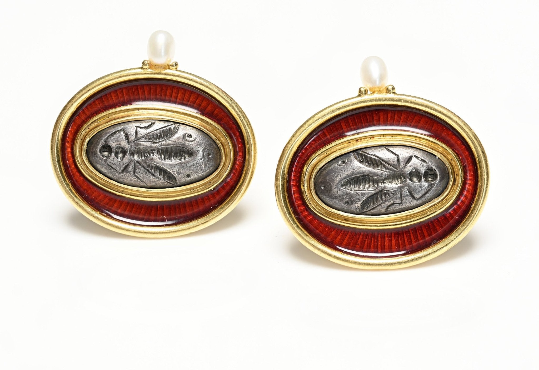 Elizabeth Gage Enamel Pearl 18K Gold Silver Insect Intaglio Clip-On Earrings