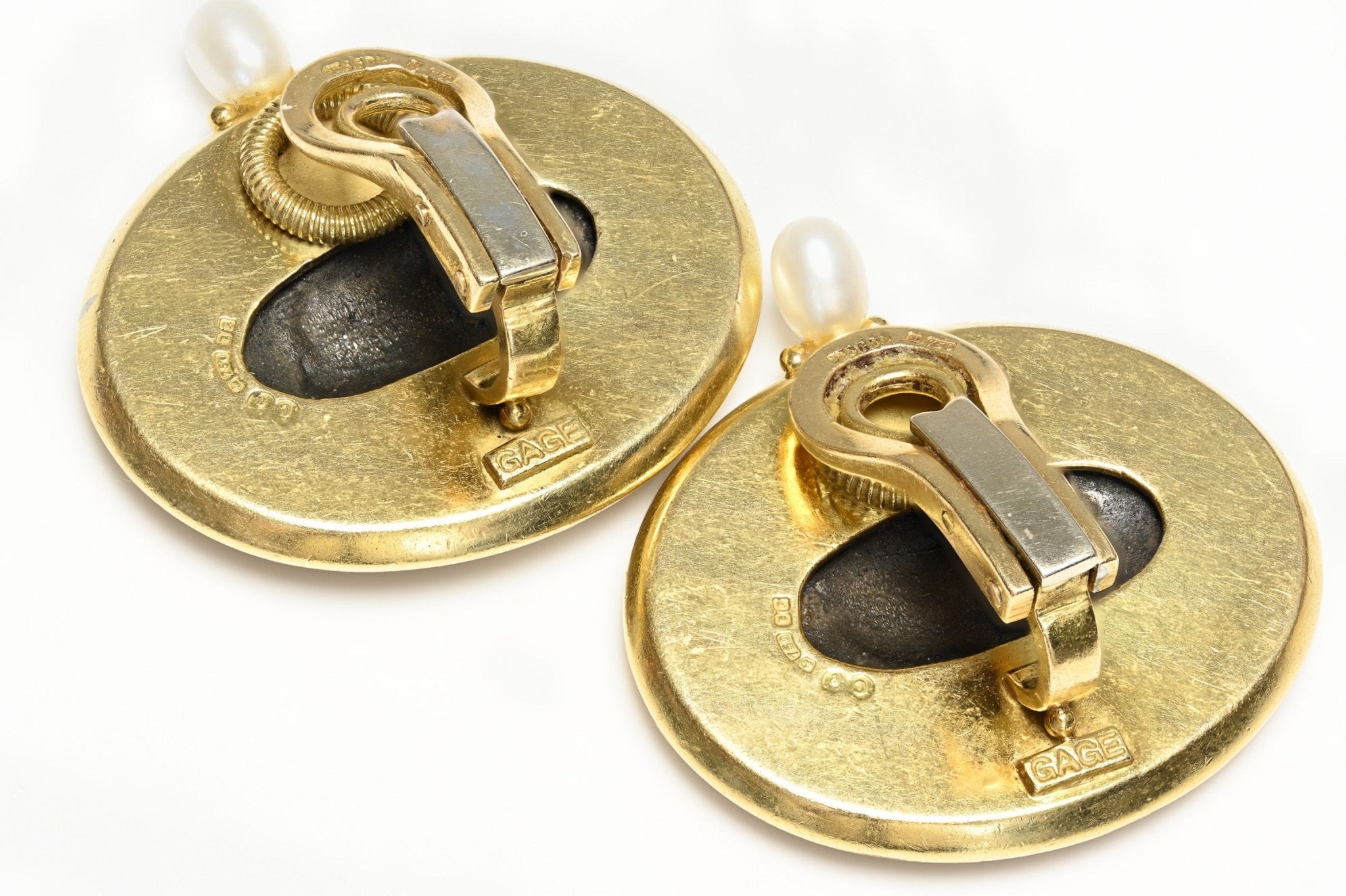 Elizabeth Gage Enamel Pearl 18K Gold Silver Insect Intaglio Clip-On Earrings - DSF Antique Jewelry