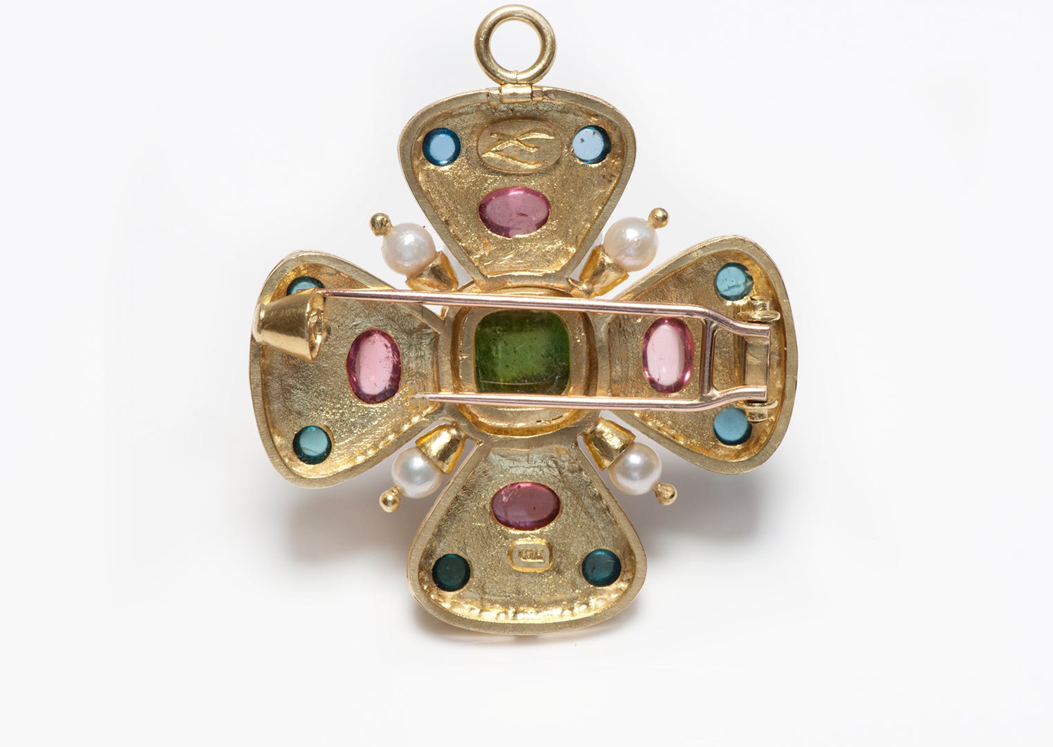 Elizabeth Locke 18K Gold Gemstone Pearl Byzantine Style Pendant Brooch - DSF Antique Jewelry