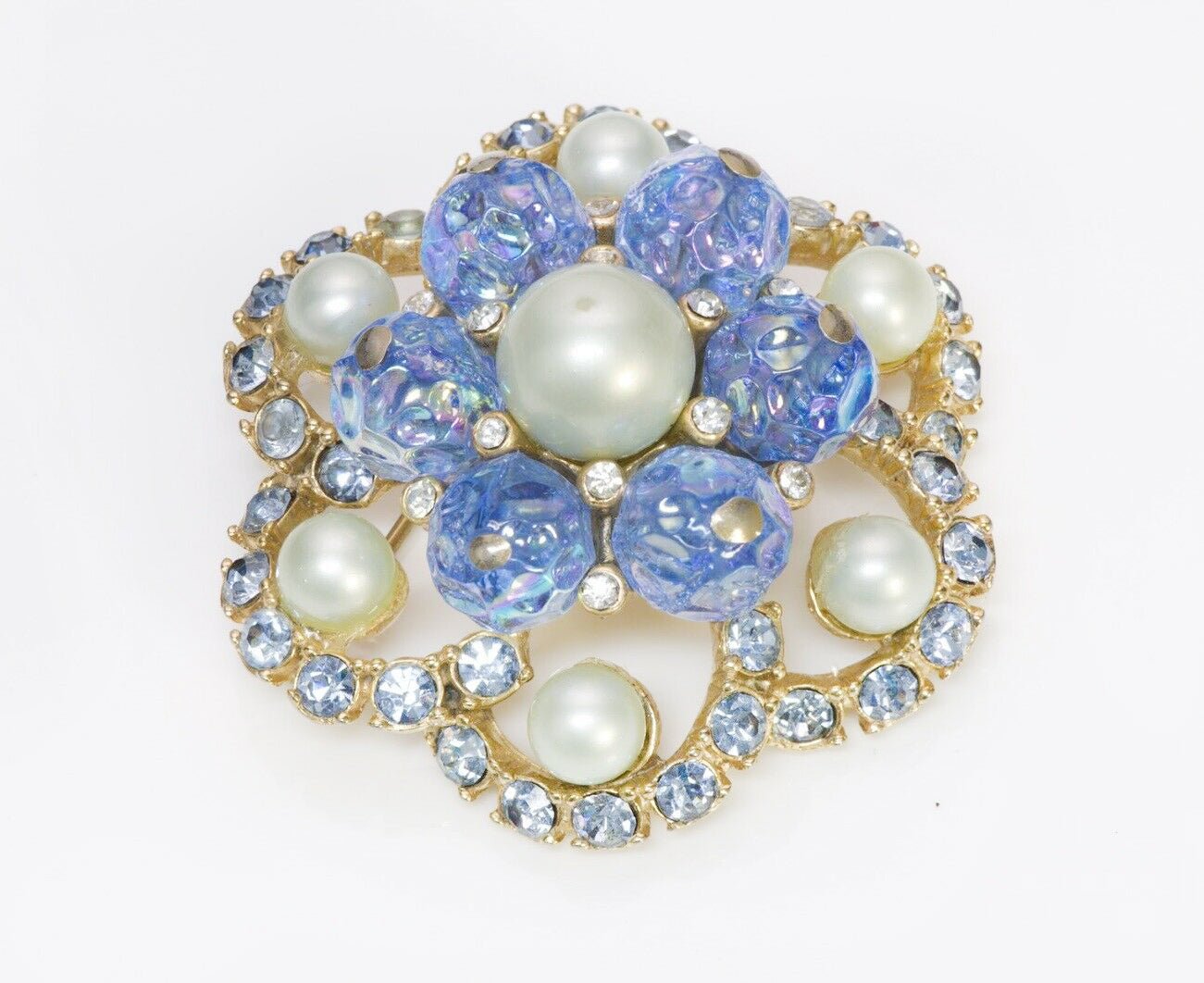 Elsa Schiaparelli 1950’s Blue Lava Glass Crystal Pearl Flower Brooch
