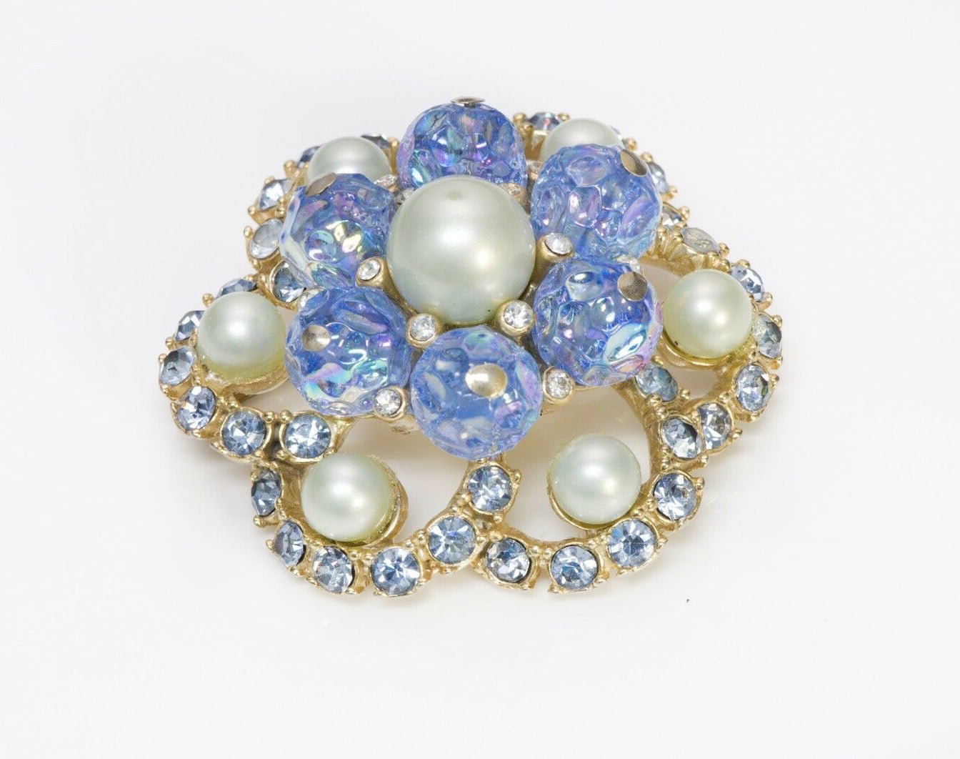Elsa Schiaparelli 1950’s Blue Lava Glass Crystal Pearl Flower Brooch
