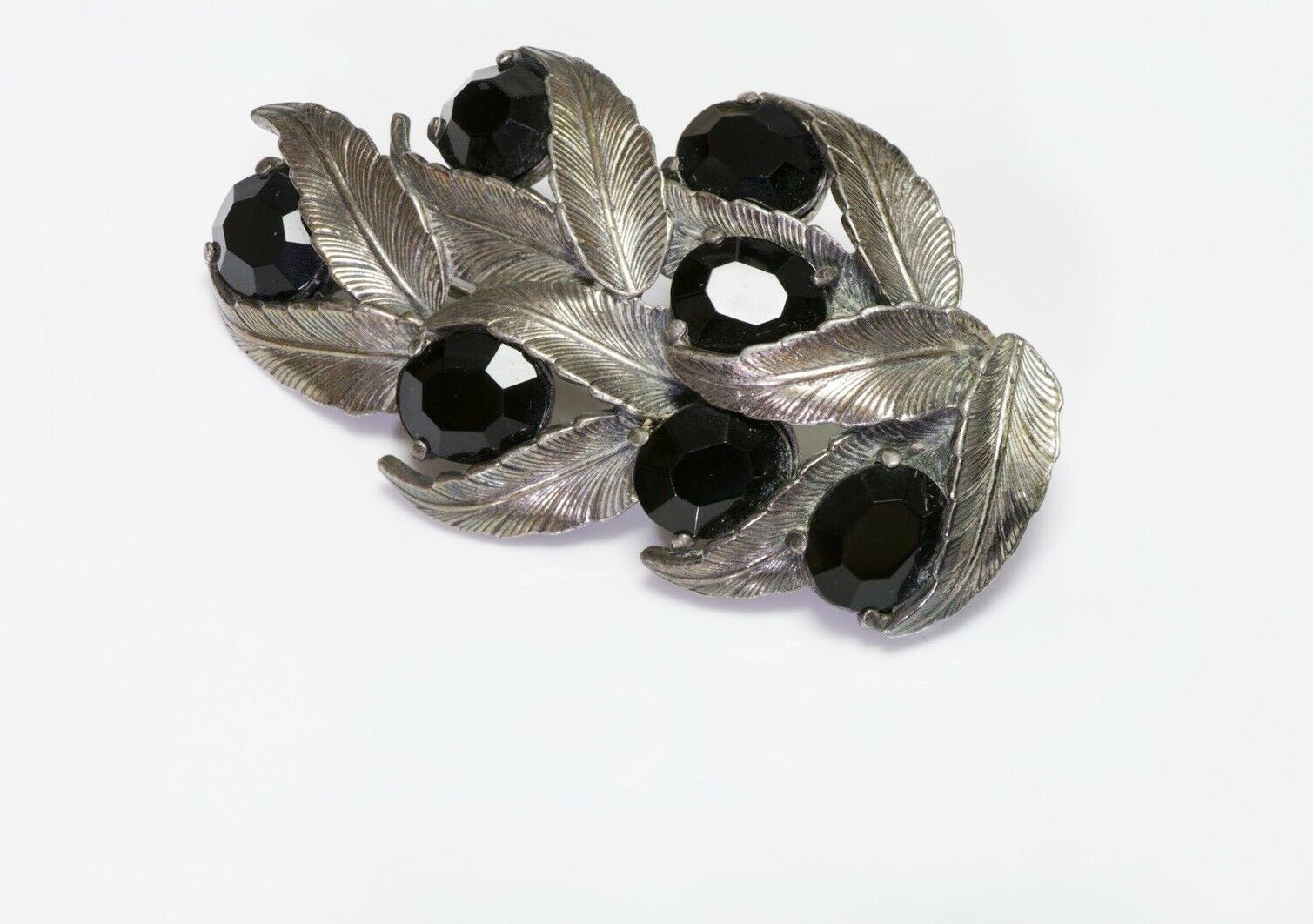 Elsa Schiaparelli 1950’s Silver Tone Black Crystal Leaf Earrings Brooch Set