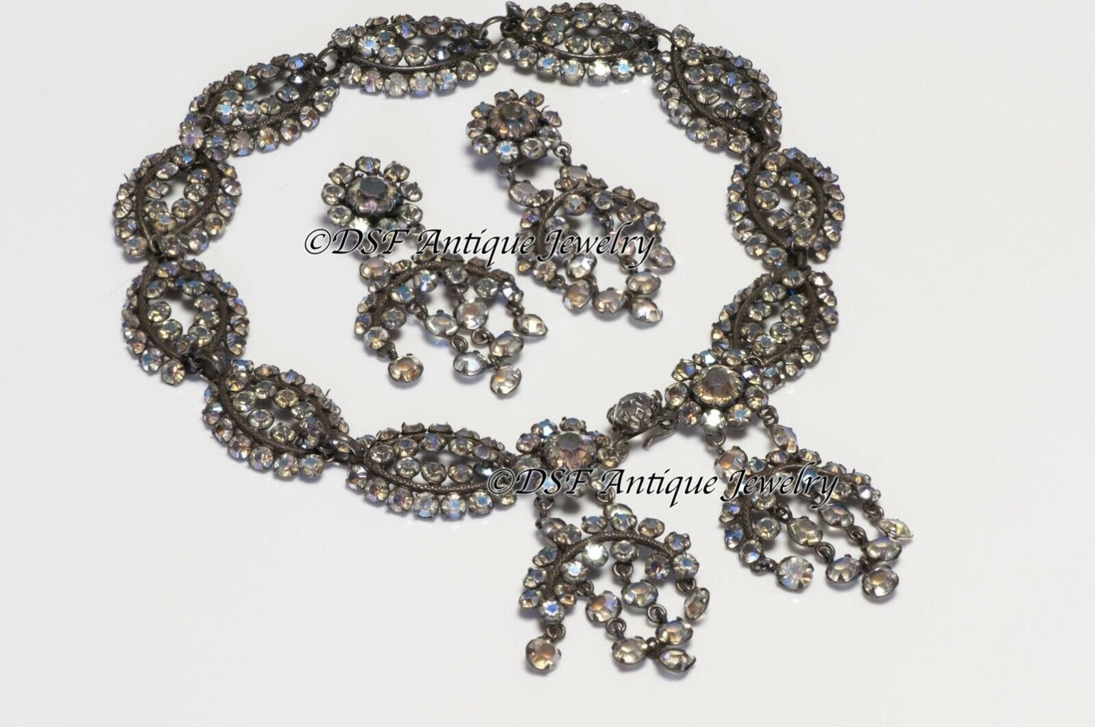 Elsa Schiaparelli Roger Jean-Pierre Couture 1930’s Crystal Necklace Earrings Set - DSF Antique Jewelry
