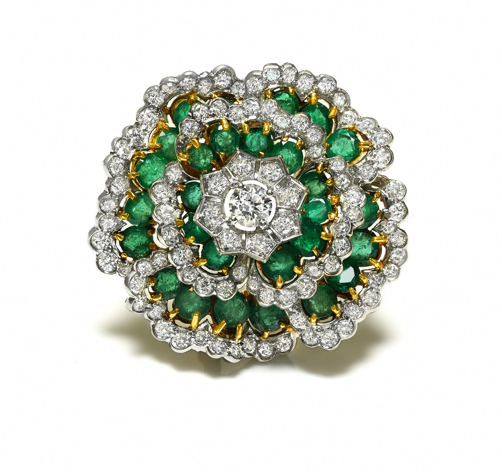 Emerald Diamond Flower Brooch 18K Gold