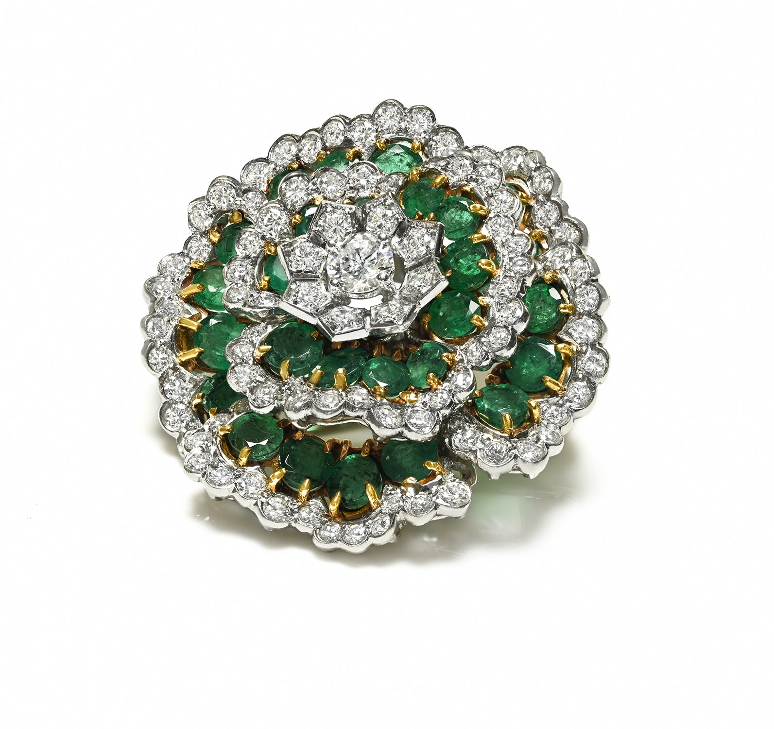 Emerald Diamond Flower Clip Brooch 18K Gold