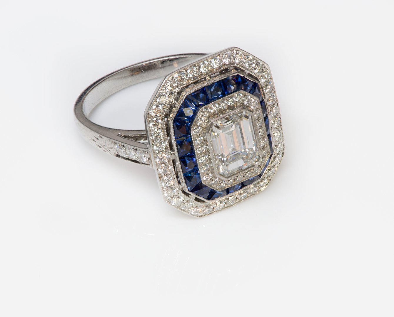 Emerald Cut Diamond Sapphire Platinum Ring - DSF Antique Jewelry