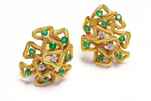 Emerald Diamond Textured 18K Gold Earrings