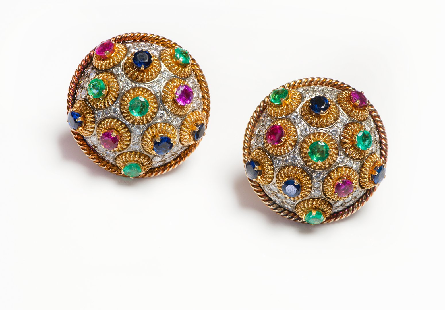 Emerald Ruby Sapphire Diamond 18K Gold Earrings