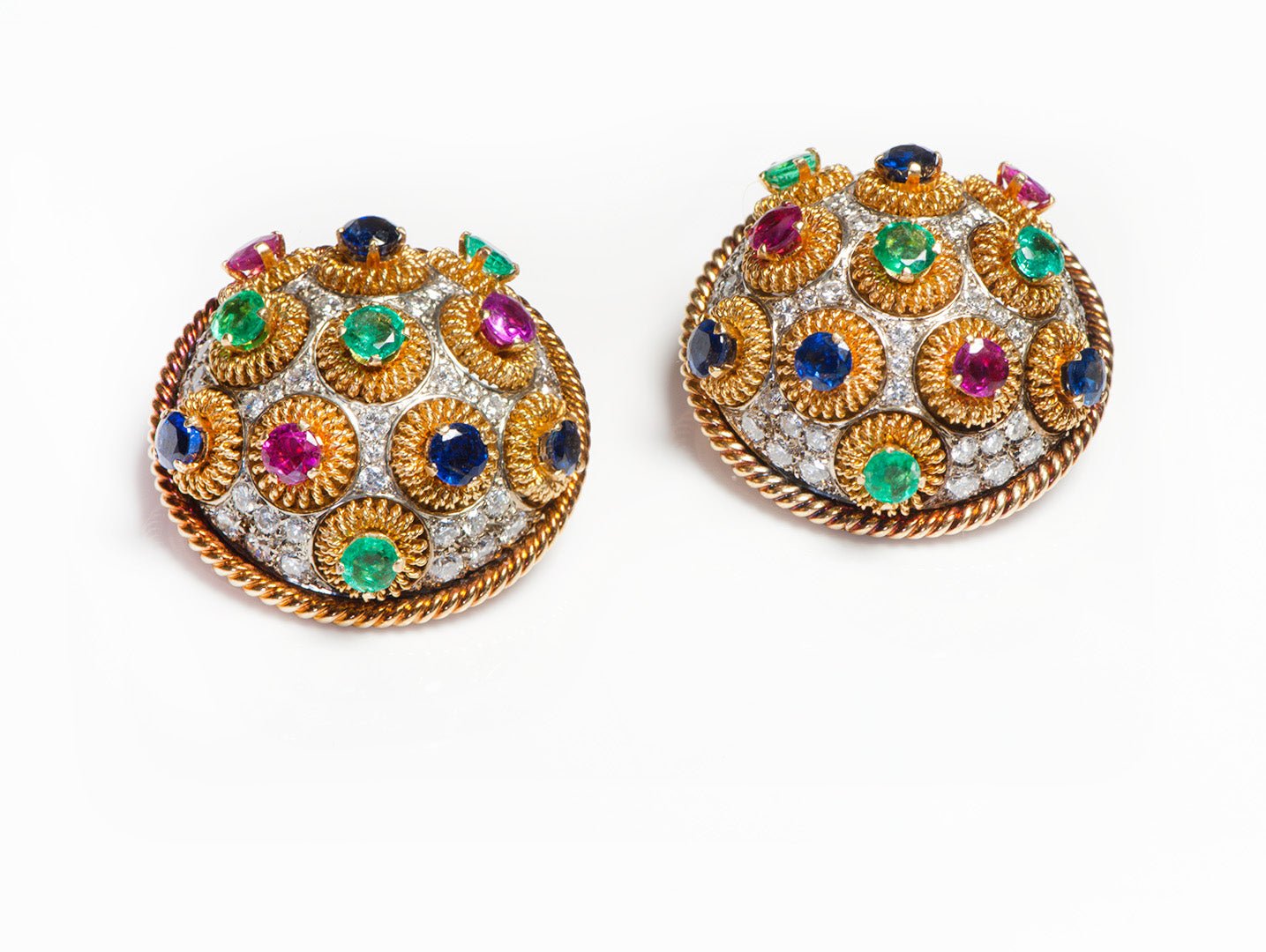 Emerald Ruby Sapphire Diamond 18K Gold Earrings - DSF Antique Jewelry
