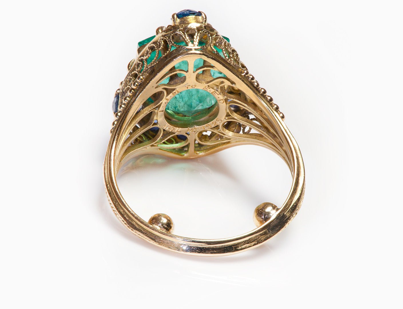 Emerald Sapphire Filigree Gold Ring Attrib. to Louis Comfort Tiffany - DSF Antique Jewelry