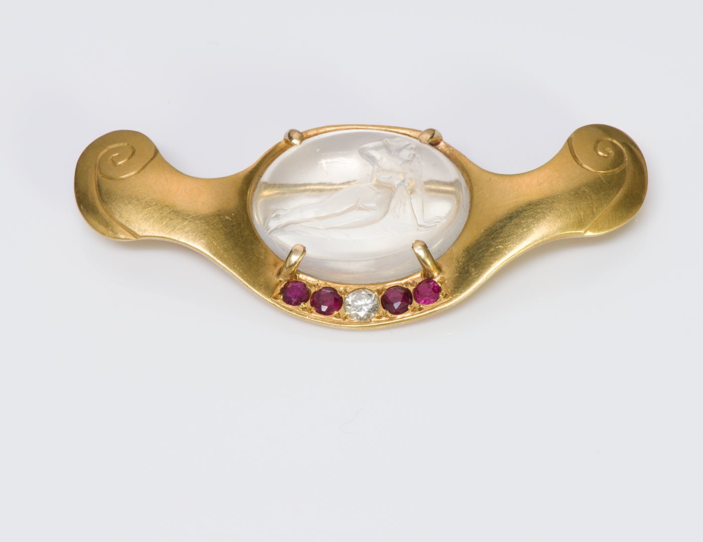 Emil Meister Moonstone Ruby Diamond 18K Gold Brooch - DSF Antique Jewelry