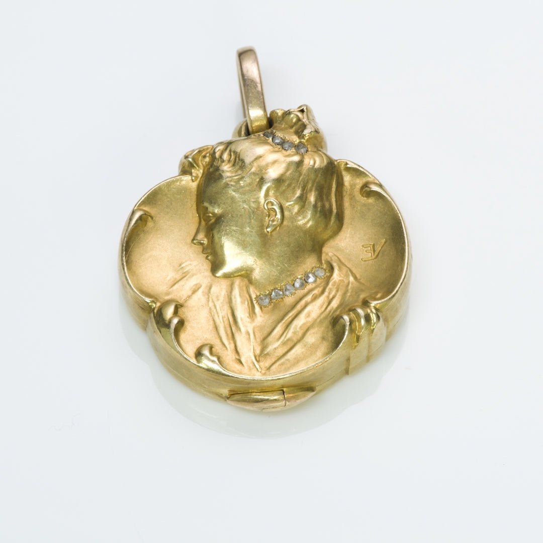 Emile Vernier Antique Art Nouveau Diamond Gold Locket Pendant