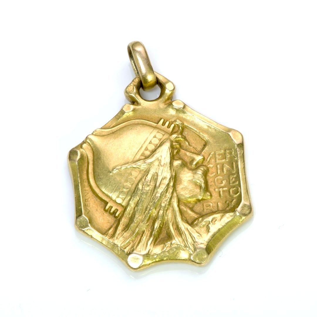 Emile Vernier Antique French Art Nouveau Gold Viking Warrior Pendant - DSF Antique Jewelry