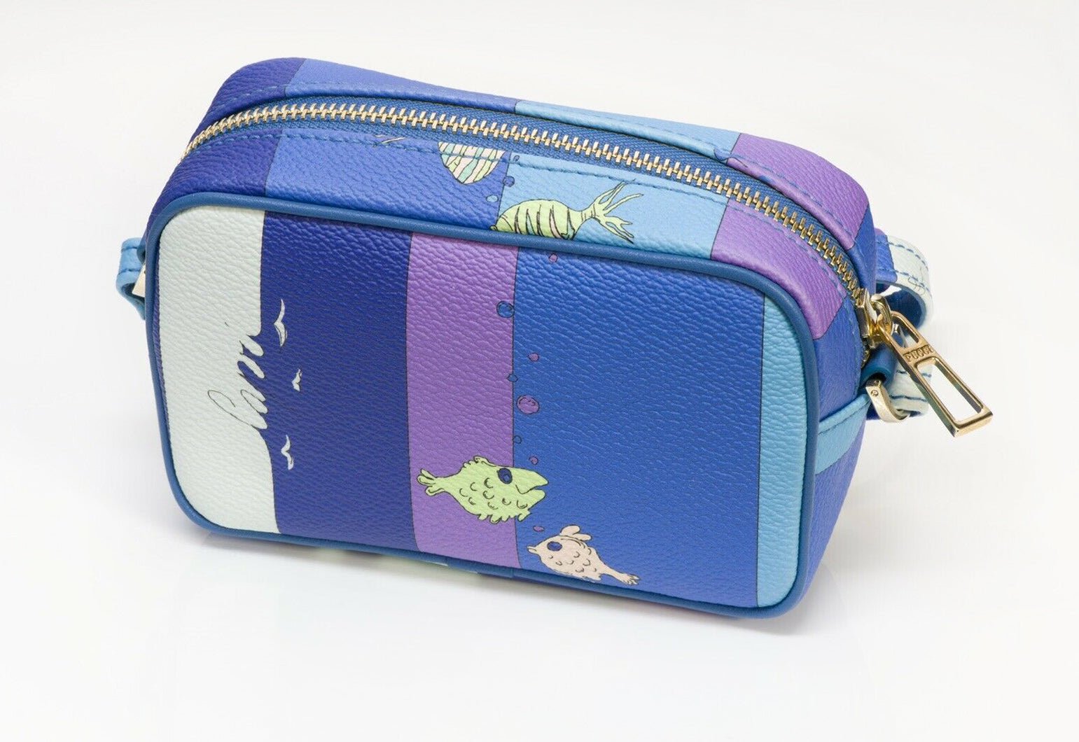 Emilio Pucci “Capri” Blue Purple Leather Fish Pattern Mini Crossbody Bag