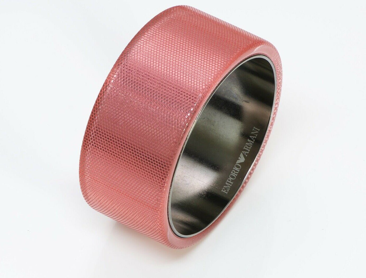 Emporio Armani Wide Pink Lucite Metal Textured Bangle Bracelet