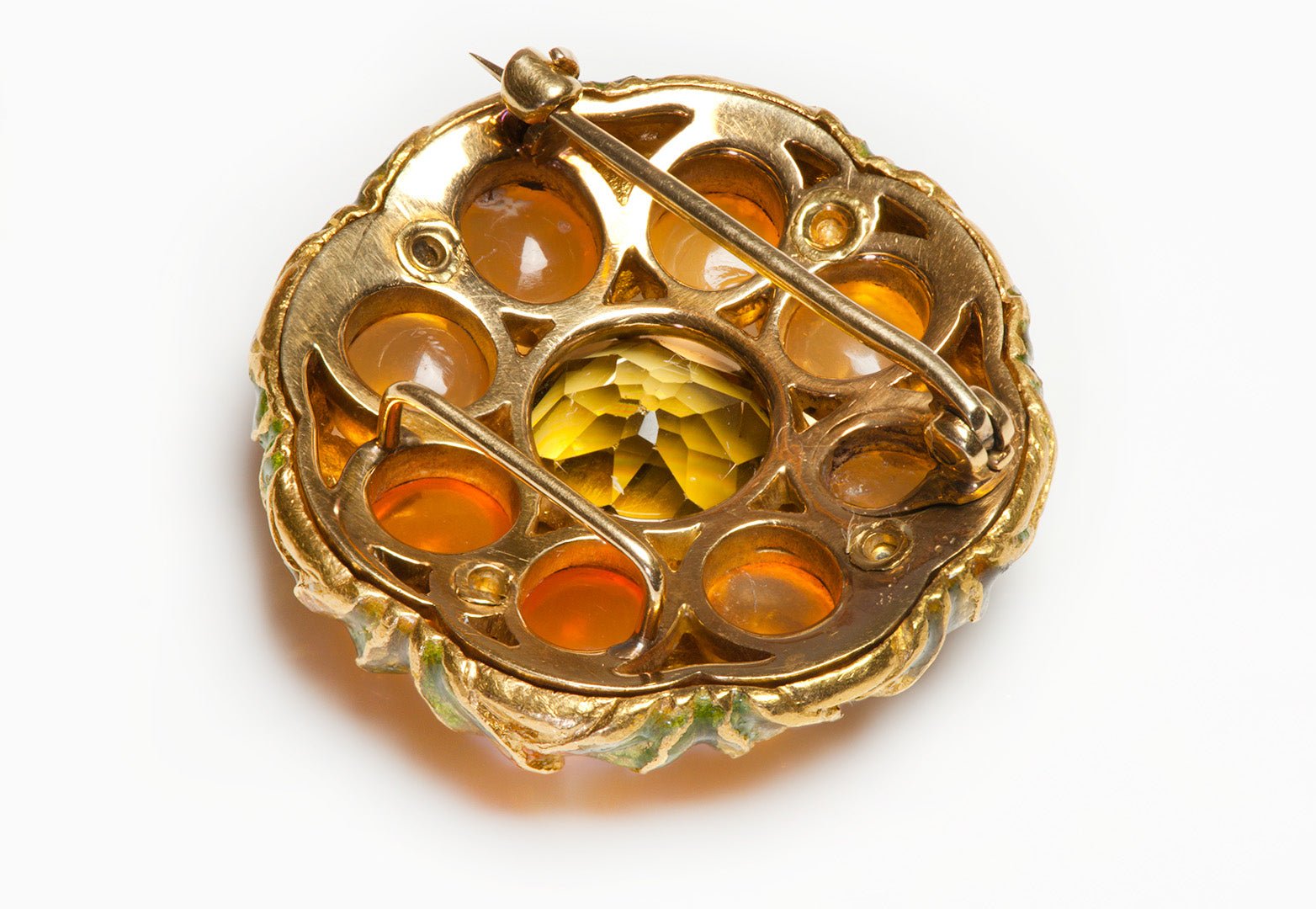Enamel Gemstone Gold Brooch Attrib. to Louis Comfort Tiffany - DSF Antique Jewelry