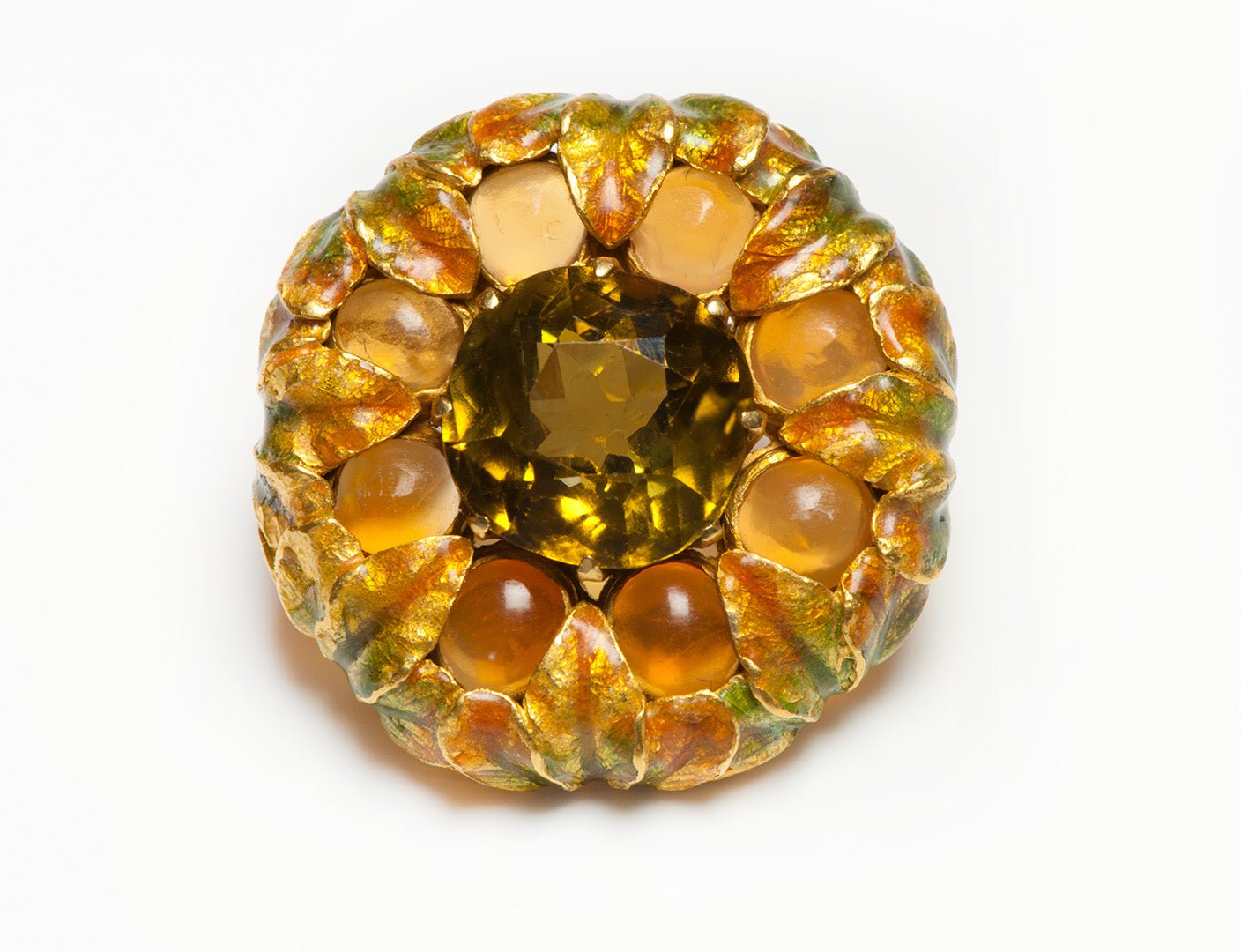 Enamel Gemstone Gold Brooch Attrib. to Louis Comfort Tiffany - DSF Antique Jewelry
