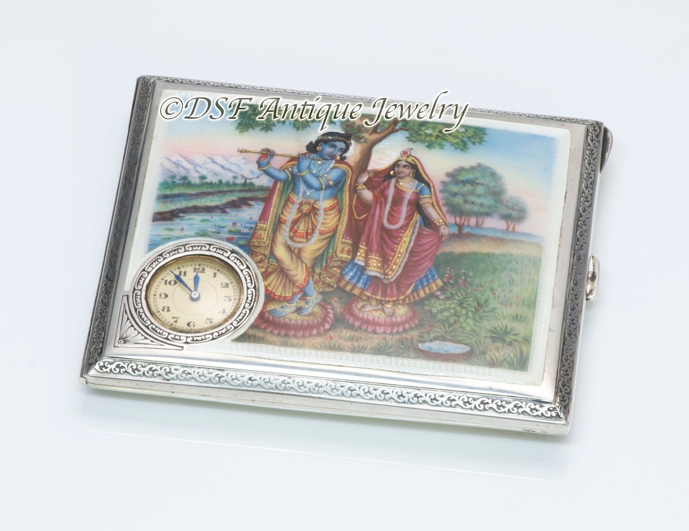 Enamel & Silver Clock Case - DSF Antique Jewelry