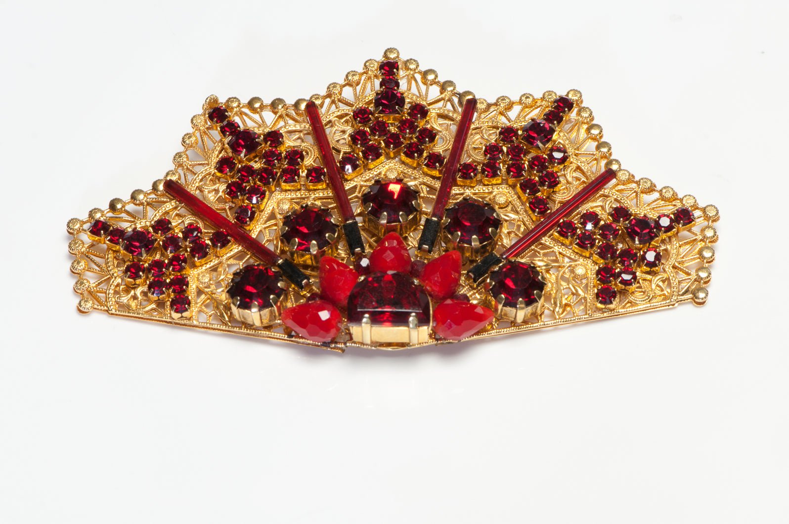Erickson Beamon Red Crystal Filigree Metal Fan Brooch - DSF Antique Jewelry
