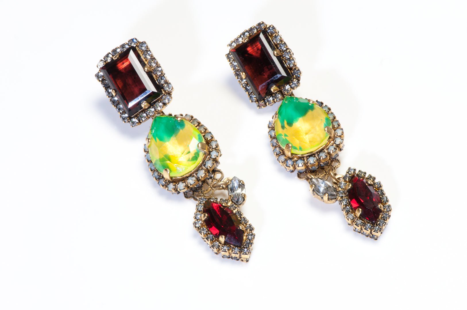 Erickson Beamon Red Green Crystal Drop Earrings - DSF Antique Jewelry
