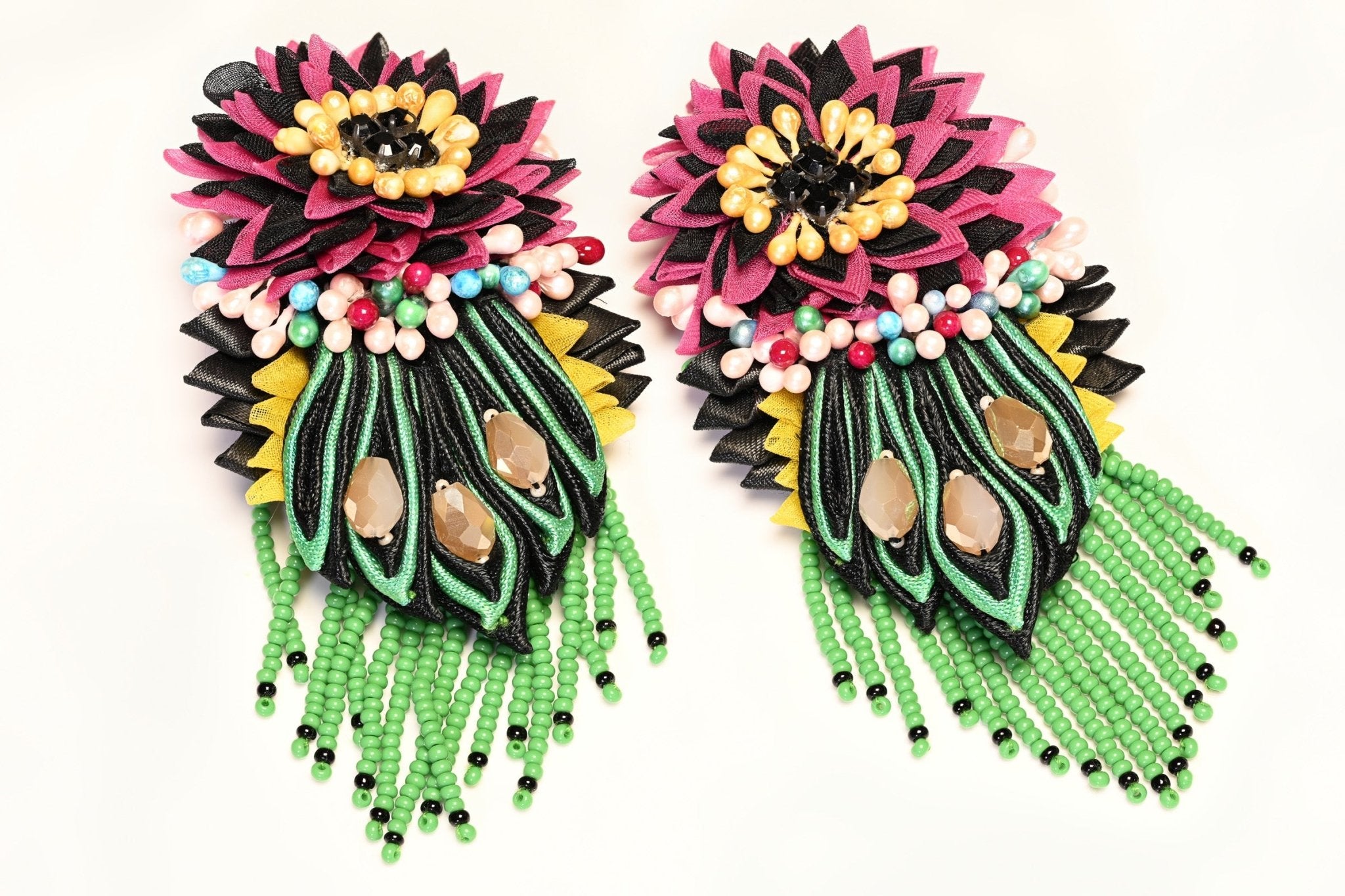 Etro Long Pink Black Yellow Silk Green Glass Beads Tassel Flower Earrings - DSF Antique Jewelry