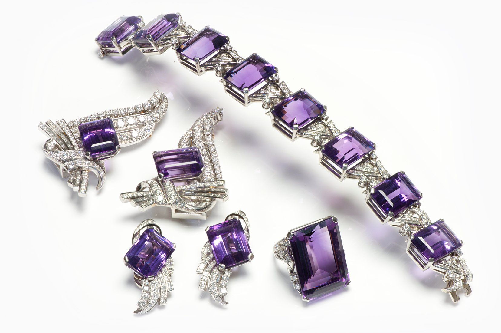 Exquisite Amethyst Diamond Bracelet Clips Ring Earrings Set