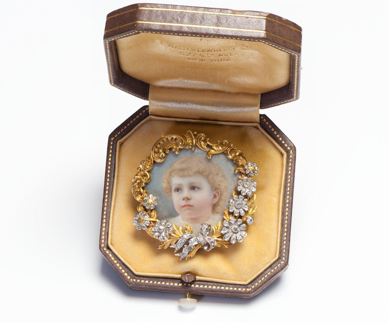 F. Walter Lawrence 18K Gold Diamond Portrait Pendant Brooch