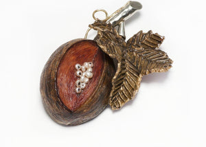 FABRICE Paris Brown Lucite Faux Pearl Fruit Leaf Brooch
