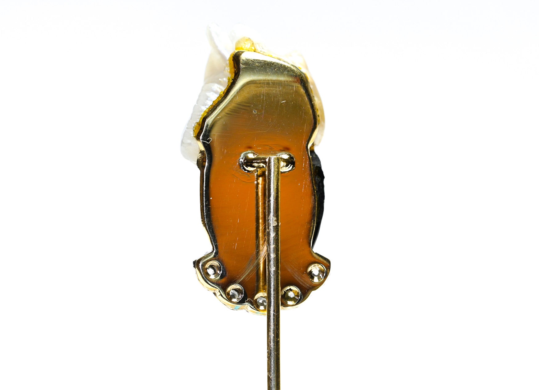 Gold Stick Pin with Freshwater Pearl, Diamond, and Carved Onyx Face