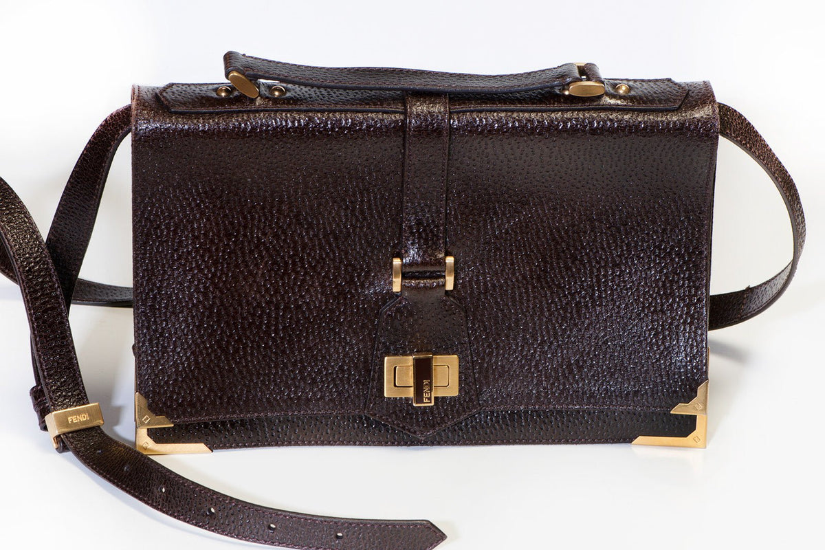 Fendi Brown Leather Flap Top Handle Turn-Lock Crossbody Bag