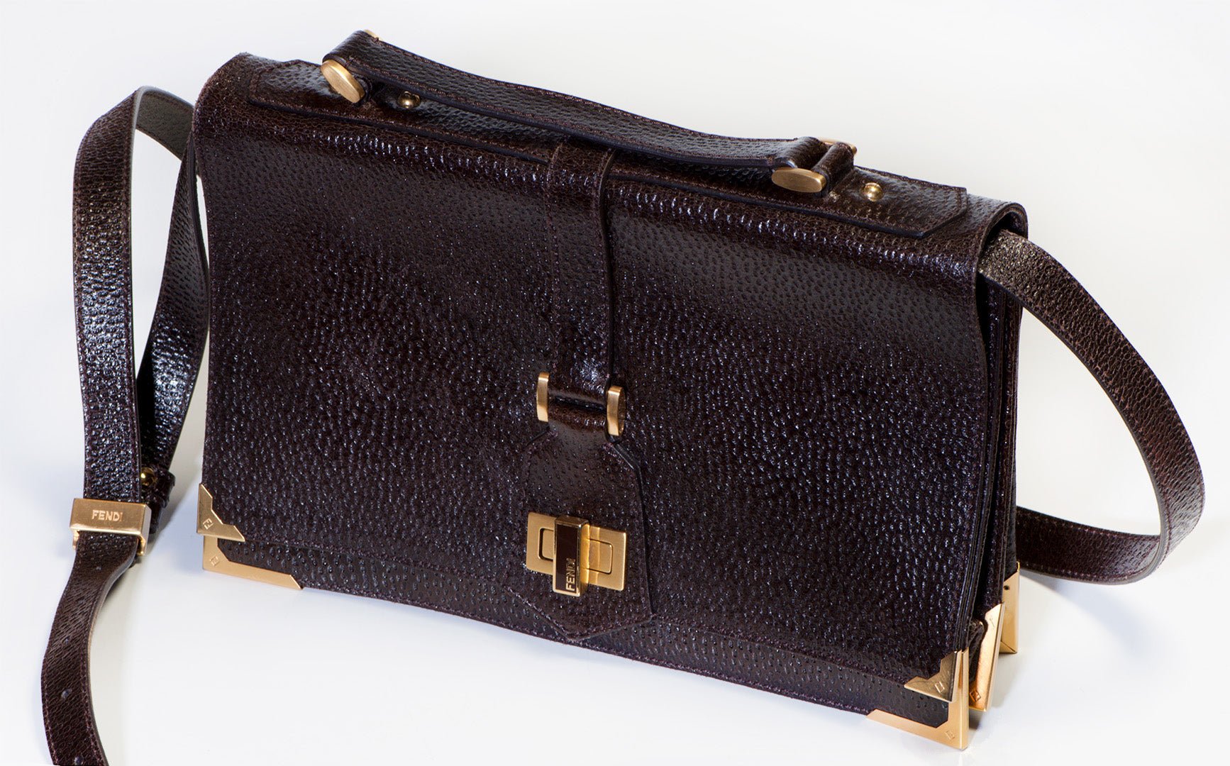 Fendi Brown Leather Flap Top Handle Turn-Lock Crossbody Bag - DSF Antique Jewelry