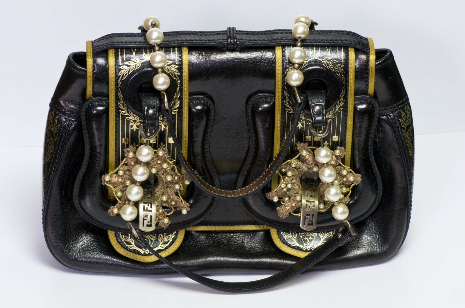FENDI Fall 2006 Romanesque Style Palazzo Black Gold Leather Pearl Buckle B Bag