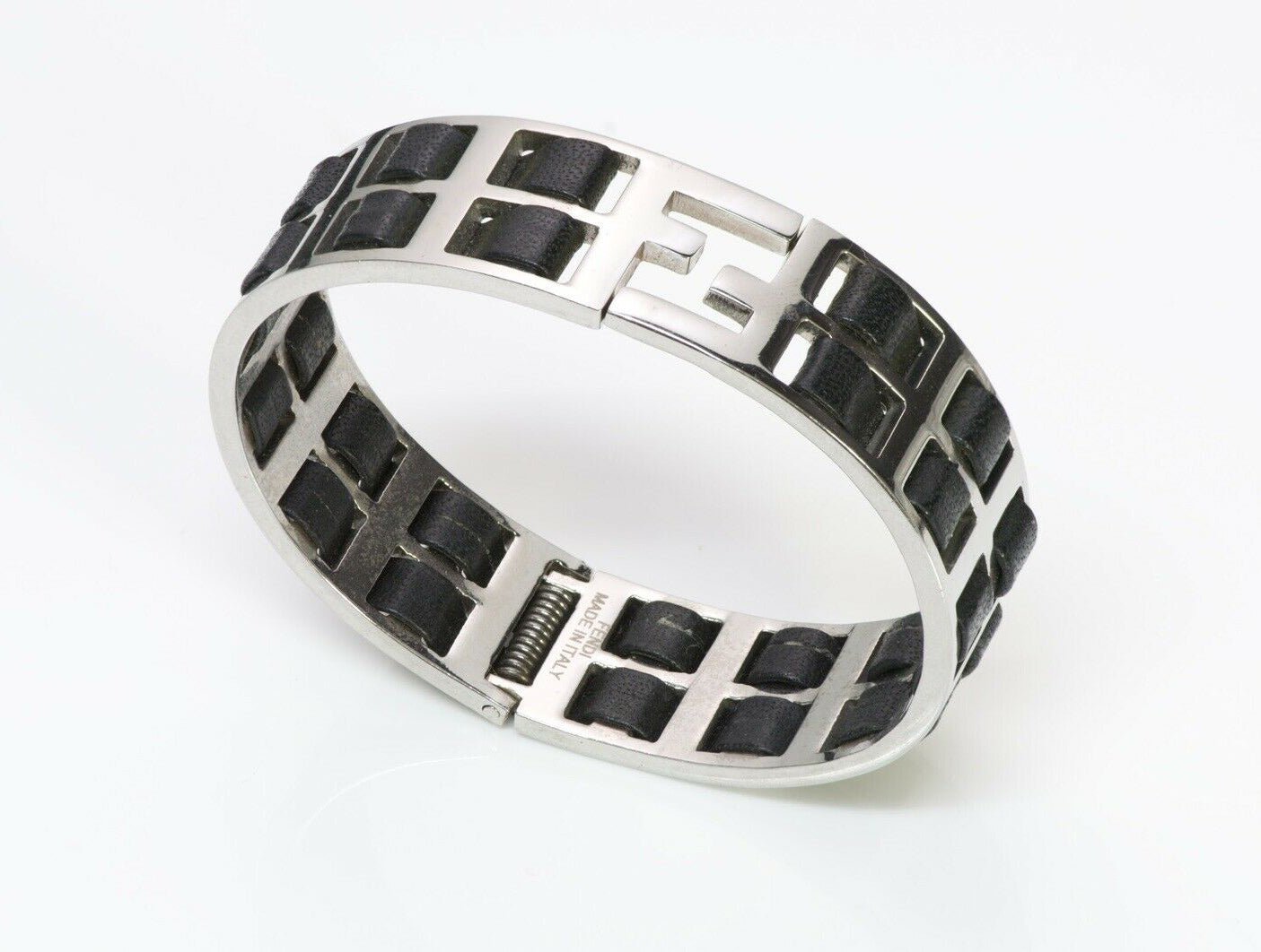 FENDI “Fendista” Wide Black Leather Bangle Bracelet