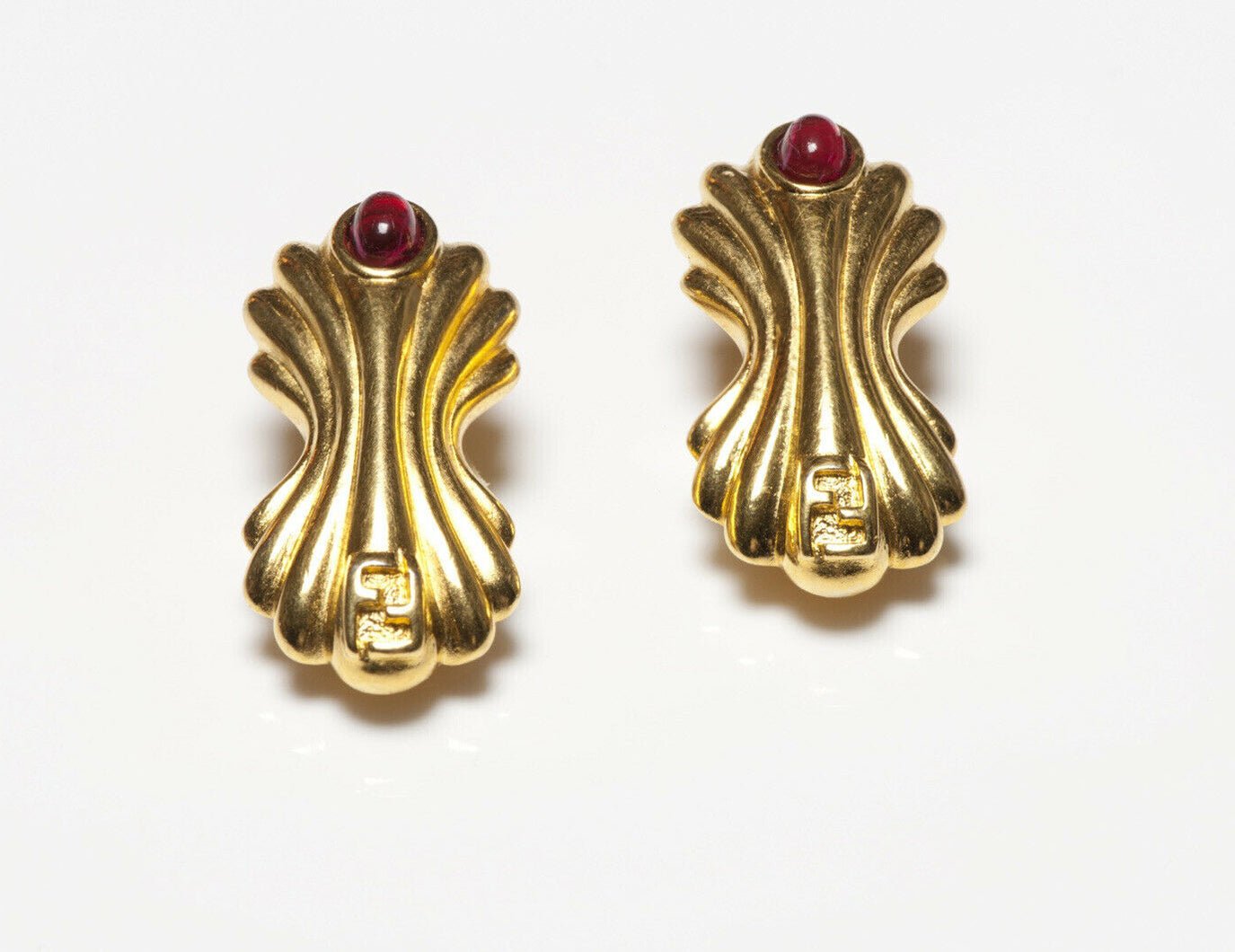 FENDI Gold Plated Red Cabochon Glass Logo Earrings - DSF Antique Jewelry