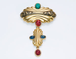 Fendi Green Red Cabochon Glass Logo Brooch
