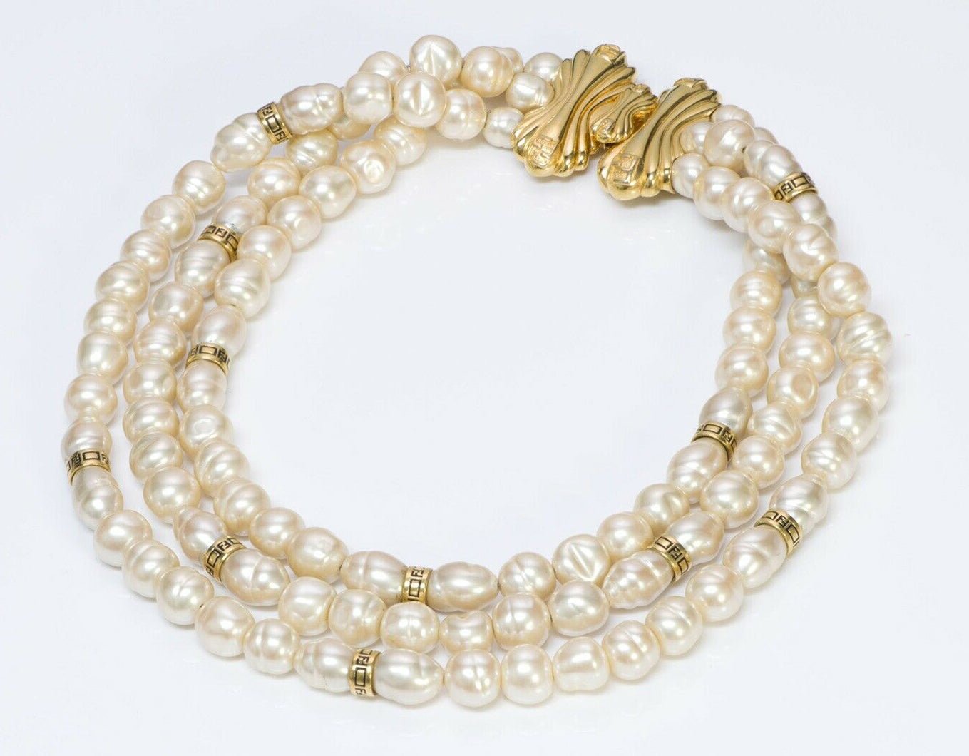 FENDI Logo 3 Strand Baroque Pearl Collar Necklace