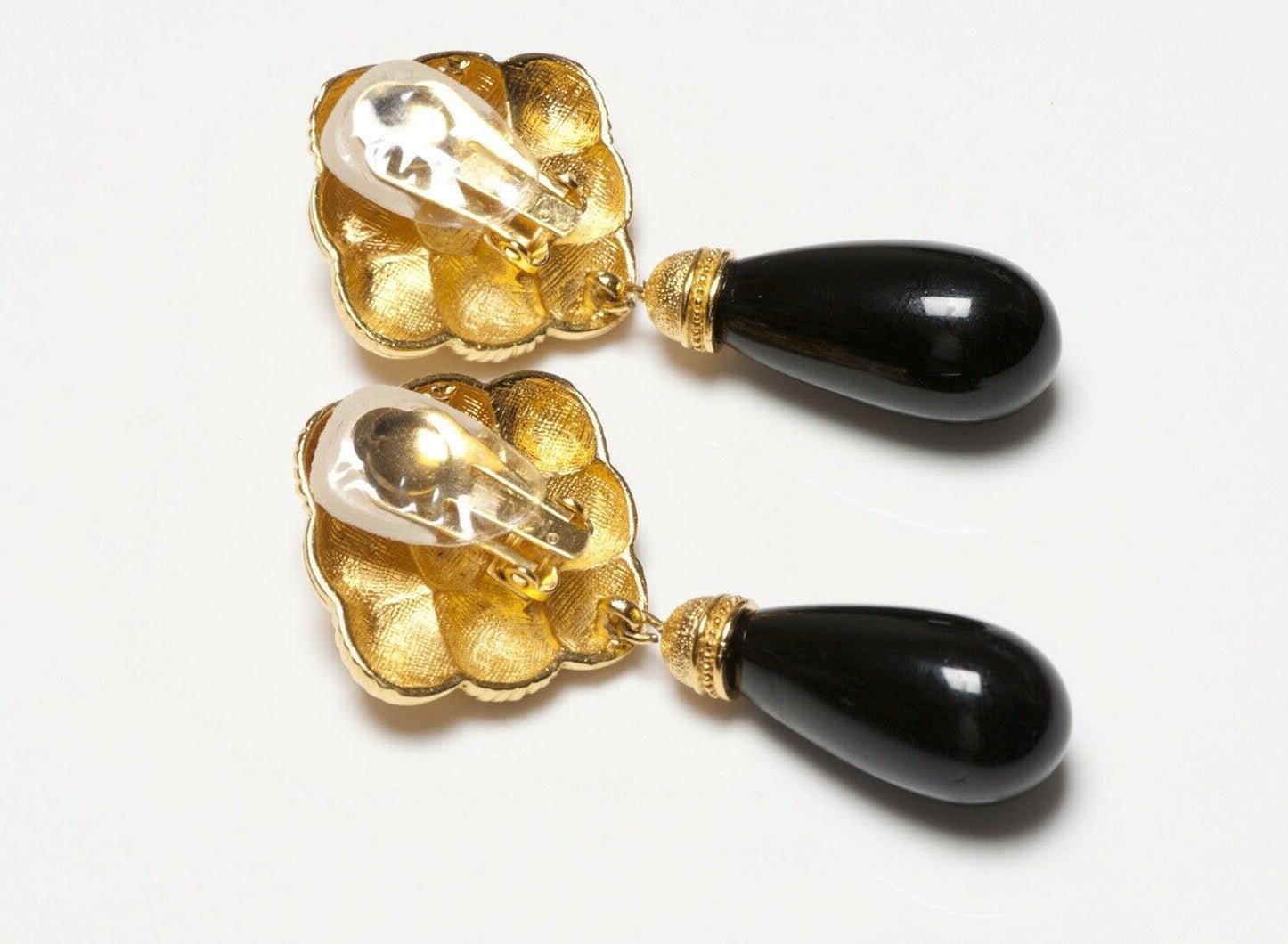 FENDI Long Woven Gold Plated Black Glass Drop Earrings - DSF Antique Jewelry