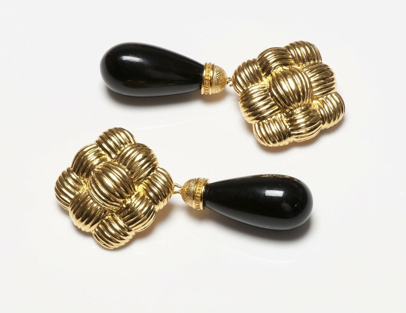 FENDI Long Woven Gold Plated Black Glass Drop Earrings