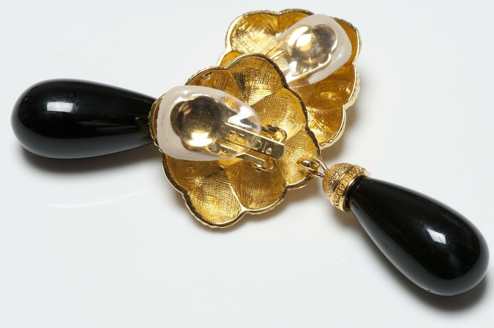 FENDI Long Woven Gold Plated Black Glass Drop Earrings - DSF Antique Jewelry