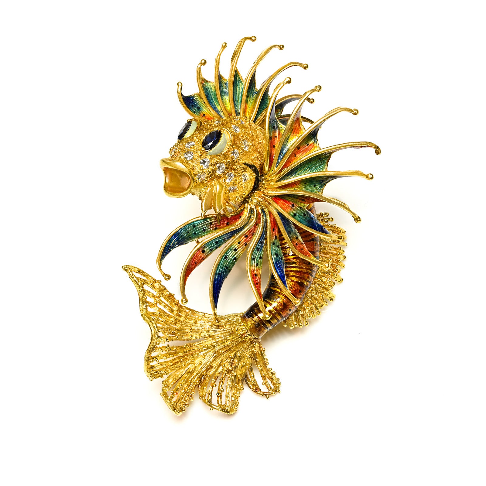 Vintage 18K Gold Enamel Fish Brooch Sapphires Diamonds