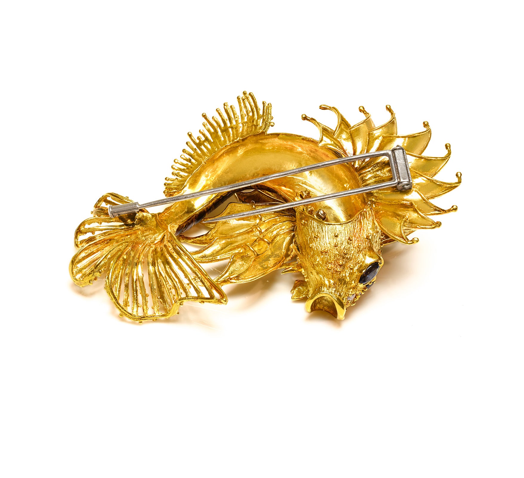 Vintage 18K Gold Enamel Fish Brooch with Sapphires and Diamonds