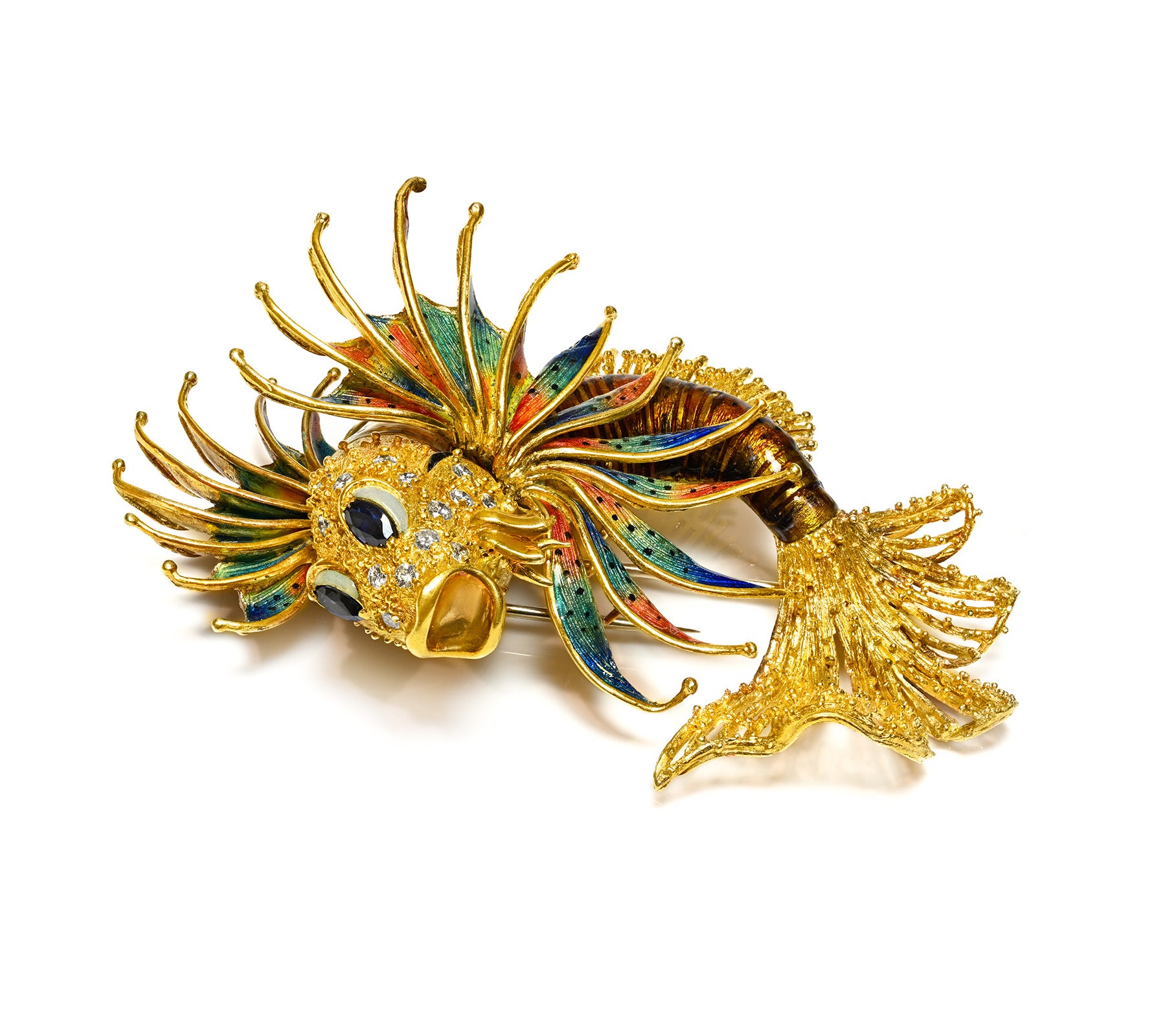 Vintage 18K Gold Enamel Fish Brooch with Sapphires and Diamonds