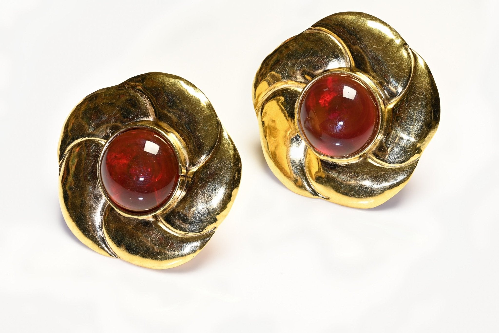 Frances Patiky Stein FPS 1980’s Gripoix Red Glass Flower Camellia Earrings - DSF Antique Jewelry