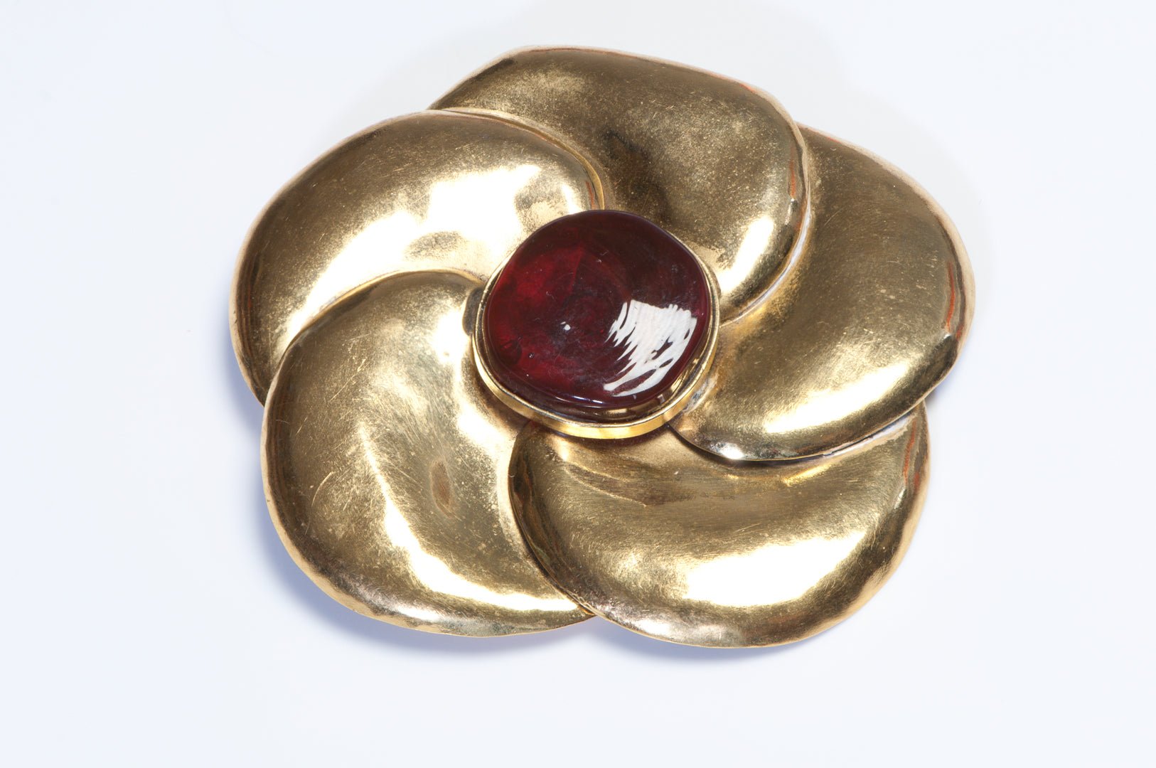 Frances Patiky Stein FPS 1980’s Maison Gripoix Red Glass Camellia Flower Brooch - DSF Antique Jewelry