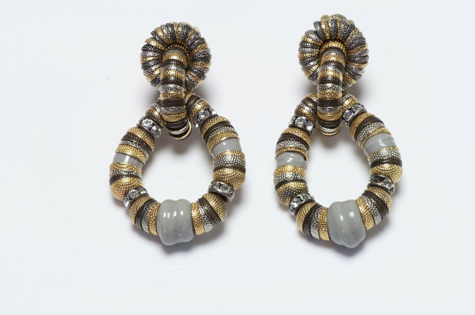 Francoise Montague 1950’s Crystal Gray Glass Beads Door Knocker Earrings - DSF Antique Jewelry